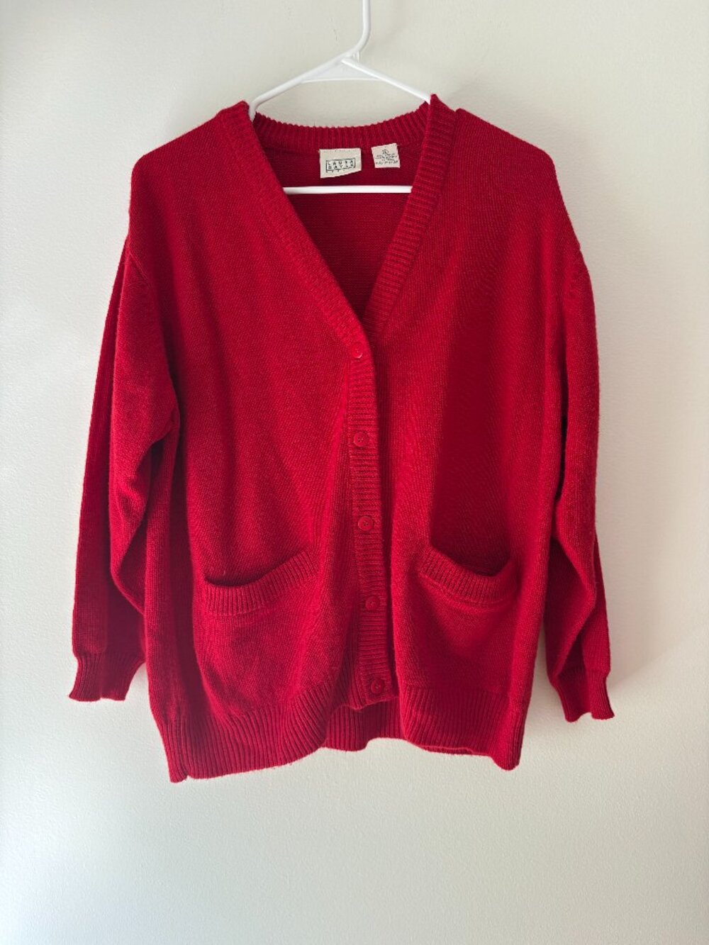 Vintage Red Knit Cardigan Sweater 🍒 Laura Gayle Petite L Oversized Button Up